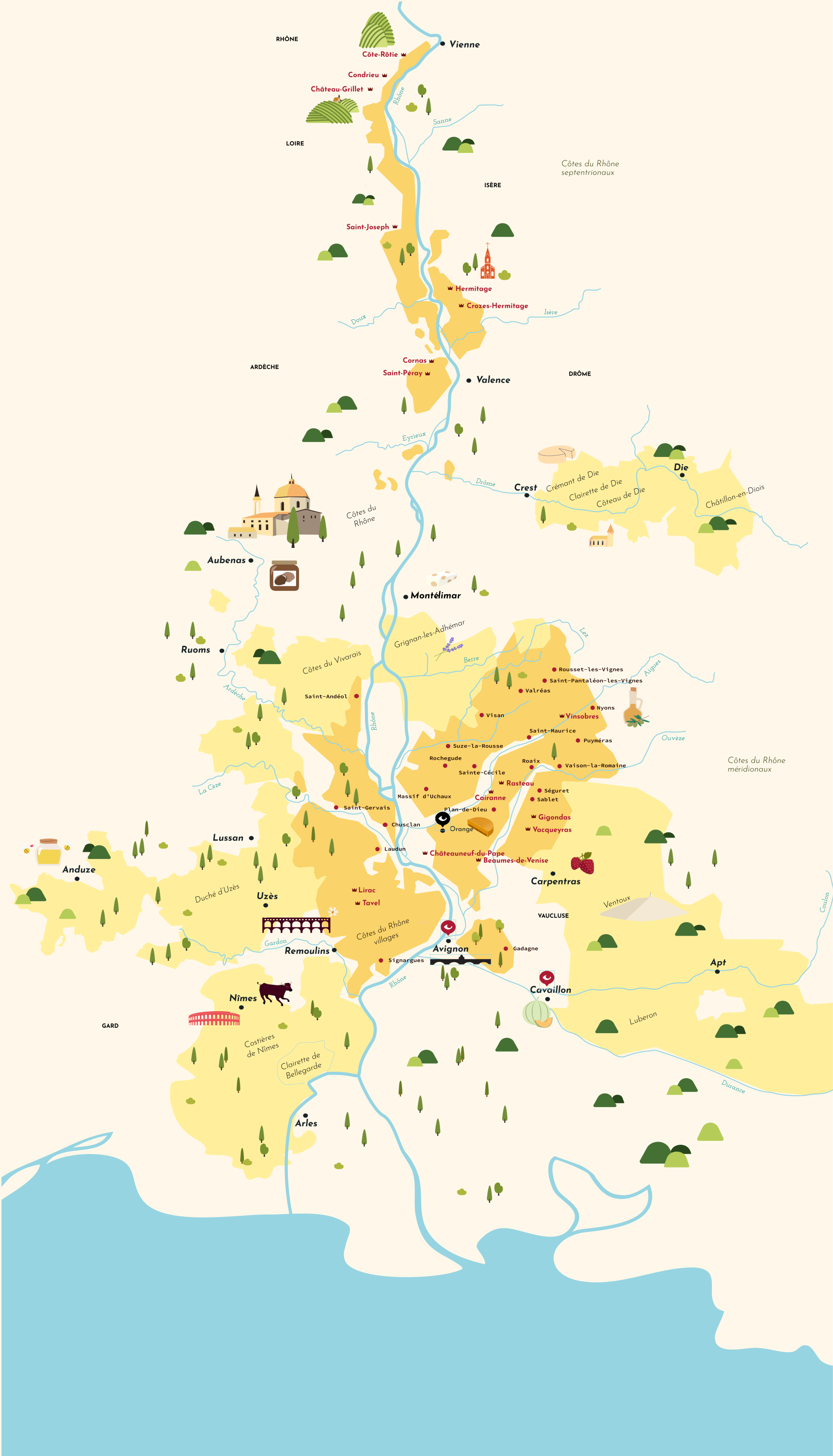 Carte des appellations de la Vallée du Rhône
