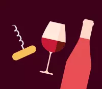 Illustration d'un tire-bouchon, verre, et bouteille de vin